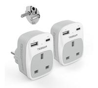 UK to European Plug Adapter 2 Pack, TESSAN Schuko Grounded Euro Plug Adapter with 2 USB Ports (1 USB C), Travel Adaptors UK to EU for Europe Spain Germany France Iceland Poland Russia (Type E F)