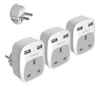 UK to European Plug Adapter 3 Pack, TESSAN Grounded Travel Adapter to EU Euro Schuko with 2 USB Ports for Europe Spain France Germany Greece Turkey P