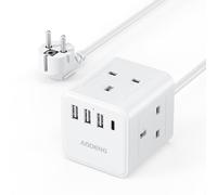 UK to European Plug Adapter with 1.5M Extension Cable, Aodeng 4 Way Travel Extension Lead with 4 USB Compact Type E/F Travel Adapter for Germany France Spain Poland Greece Netherlands etc.