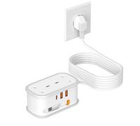 UK to European Plug Adapter with 1.5M Extension Cable, BEVA 2 Way 3 USB (2 1C) Travel Adapter with Retractable USB C Cable for Germany France Spain Turkey Greece Iceland etc (Type E/F)
