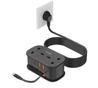 UK to European Plug Adapter with 1.5M Extension Cable，FDTEK 2 Way Travel Extension Lead with 3 USB Slots & Retractable USB C Cable, Type E/F Travel Adapter for Germany France Spain Greece etc