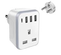 UK to European Plug Adapter with 3 USB Ports and 1 USB C, European Travel Adapter Plug Extender with Night Light,Grounded European Plug Adapter (UK to Europe）