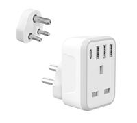 UK to India Plug Adapter with 3 USB Ports and 1 USB C, India Travel Adapter Plug Extender with Night Light,Grounded European Plug Adapter (UK to INDIA)