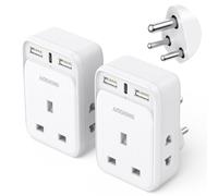 UK to India Travel Adapter 2 Pack, 3 USB Ports 32W USB C Fast Charger, Grounded Travel Adaptor for India, Pakistan, Sri Lanka, Yemen (Type D)
