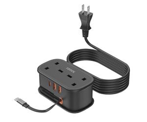 UK to Japan Plug Adapter with 1.5M Extension Cable, FDTEK 2 Way 3 USB Japan Travel Adapter with Retractable USB C Cable for Japan, Panama, Philippines Travel (Type A)-Black