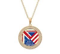 UK U.S. Flag Shiny Diamond Necklace for Women Personalized Round Pendant Chain Jewel Gift