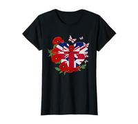 UK Union Flag British Heart Bow Butterflies with Red Poppies T-Shirt