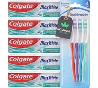 UK-UNIQUE C o l g a t e Max White Whitening Toothpaste Bundle - 5 × 100ml Toothpaste + 4 Toothbrushes | Removes Stains for Whiter, Brighter Teeth (9-Pack Bundle) (MaxWhite)