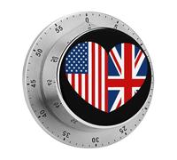 UK & US Heart Flag 60 Minutes Wind Up Kitchen Timer Stainless Steel Countdown Mechanical Alarm for Cooking Workout