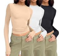 UK Womens 3 Pack Long Sleeve Tops Crew Neck Thermal Shirts Set Stretch Fitted Underscrubs Layer Tee Basics Y2K TopsXS-XL Beige