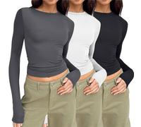 UK Womens 3 Pack Long Sleeve Tops Crew Neck Thermal Shirts Set Stretch Fitted Underscrubs Layer Tee Basics Y2K TopsXS-XL Grey