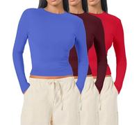 UK Womens 3 Pack Long Sleeve Tops Crew Neck Thermal Shirts Set Stretch Fitted Underscrubs Layer Tee Basics Y2K Tops Wine S