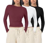 UK Womens 3 Pack Long Sleeve Tops Crew Neck Thermal Shirts Set Stretch Fitted Underscrubs Layer Tee Basics Y2K Tops Wine XS