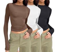 UK Womens 3 Pack Long Sleeve Tops Crew Neck Thermal Shirts Set Stretch Fitted Underscrubs Layer Tee Basics Y2K TopsXS-XL Brown