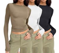 UK Womens 3 Pack Long Sleeve Tops Crew Neck Thermal Shirts Set Stretch Fitted Underscrubs Layer Tee Basics Y2K TopsXS-XL Coffee