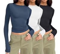 UK Womens 3 Pack Long Sleeve Tops Crew Neck Thermal Shirts Set Stretch Fitted Underscrubs Layer Tee Basics Y2K TopsXS-XL Blue