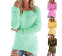 UK Womens Ladies Fleece Winter Sweater - Long Sleeve Warm Solid Color Crewneck Pullover, Loose Fluffy Fuzzy Pile Sweatshirt, Casual Cozy Soft Plush Tunic Top, Plus Size Jumpers Tops Shirts Sweaters