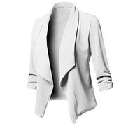 UK Women's Open Front Blazer 3/4 Ruched Sleeve Casual Work Office Cropped Jacket Slim Fit Cardigan White 3XL
