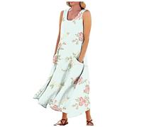 UK Women's Western Dresses Summer Oversized Floral Printed Round Neck Sleeveless Dresses Maxi Vest Dress with Pockets Cotton Summer Dress (Light Blue, 4XL)