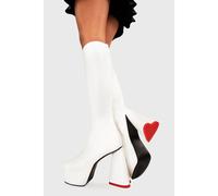 LAMODA Women's Sweet Talker Knee High Platform Boots in White, Ladies Knee High Boots with Red Heart Heel and Side Zipper, Vegan Winter Long Boots UK5