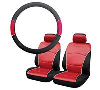 UKB4C Car Seat Covers Front Pair Universal Carseat Protectors for Driver and Passenger Automotive Accessories Interior (Red with Red Mesh Steering Wheel Cover 2)