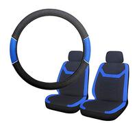 UKB4C Car Seat Covers Front Pair Universal Carseat Protectors for Driver and Passenger Automotive Accessories Interior (Blue with Blue Mesh Steering Wheel Cover)