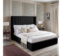 UKBEDFURNITURE Barcelona Wingback Black Plush Valvet Upholstered Bed Frame - Slatted Base With 10 Inch Orthopedic Mattress - 48 Inch Headboard