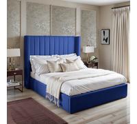 UKBEDFURNITURE Barcelona Wingback Blue Plush Valvet Upholstered Bed Frame - Slatted Base With 10 Inch Orthopedic Mattress - 48 Inch Headboard