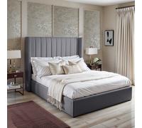 UKBEDFURNITURE Barcelona Wingback Grey Plush Valvet Upholstered Bed Frame - Slatted Base With 10 Inch Orthopedic Mattress - 48 Inch Headboard