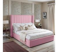 UKBEDFURNITURE Barcelona Wingback Pink Plush Valvet Upholstered Bed Frame - Slatted Base With 10 Inch Orthopedic Mattress - 48 Inch Headboard