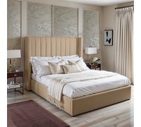 UKBEDFURNITURE Barcelona Wingback Upholstered Bed Beige Plush Valvet Upholstered Bed Frame Only - 48 Inch Headboard