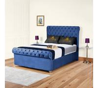 UKBEDFURNITURE Chesterfield Sleigh Blue Plush Velvet Gas Lift Ottoman Storage Bed With 10 Inch Orthopedic Mattress - 48 Inch Headboard