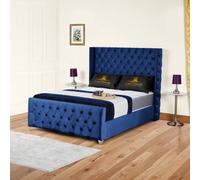 UKBEDFURNITURE Windsor Wingback Blue Plush Valvet Upholstered Bed Frame Only - Slatted Base - 48 Inch Headboard