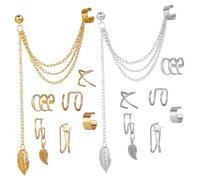 UKCOCO 14Pcs Metal Leaf Tassel Ear Clips Set for Women Reusable Alloy Cuff Earrings in Gold Silver Stylish Non Piercing Jewelry for Fashion Accessories