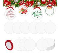 UKCOCO 18 Pack Clear Acrylic Disc Ornaments, Acrylic Christmas Baubles, Round Ornament Blanks: 7.6cm Flat Baubles with Holes and Red Ribbon - for DIY Crafts, Christmas Tree Hanging Decoration