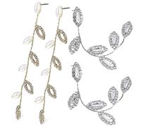 UKCOCO 2 Pairs Long Tassel Leaf Shape Earrings for Women Rhinestone and Faux Pearl Dangle Jewelry for Weddings and Formal Occasions Elegant and Lightweight Design