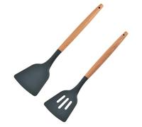 UKCOCO 2 Pcs Kitchen Silicone Spatulas Set with Wooden Handles, Non-Stick Dark Grey Fish and Solid Turner for Cooking, Heat Resistant Multipurpose Kitchen Utensils for Home Use