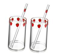 UKCOCO 2 Sets Strawberry Print Clear Milk Juice Cups with Straw Heat Resistant Transparent Glasses for Cold Drinks Practical Reusable Beverage Containers for Indoor Use