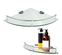 UKCOCO 2pcs Glass Bathroom Corner Shelf, Wall Mounted Adjustable Shower Bathroom Shelves with Rail, Stainless Steel Floating Shelves