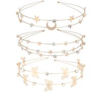 UKCOCO 3pcs Multi-layer Rhinestone Headbands with Metal Star and Moon Design, Double Layer Crystal Hair Hoops for Women Party, Bridal and Daily Hair Accessories