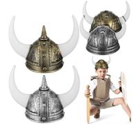 UKCOCO 4 Pack Viking Helmets with Horns - Family Set (2 Adults & 2 Kids Sizes) - Plastic Medieval Warrior Hat Fancy Dress Accessories for World Book Day, History School Plays & Halloween Carnival
