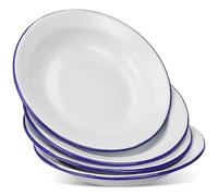 UKCOCO 4 pcs Retro Round Enamel Plates: 6.3" Retro White Round Shallow Plates with Blue Rim for Pasta, Salad, Pie - Home Hotel Banquets and Family Gatherings