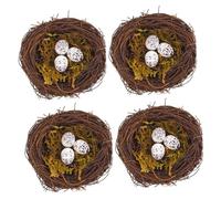 UKCOCO 4 Sets Artificial Rattan Bird Nests with 3 Eggs 15cm Handmade Moss and Watergrass Bird Nest Ornaments for Easter Party Photography Home Decor