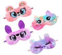 UKCOCO 4pcs Cartoon Plush Sleep Eye Mask Set - Owl, Rainbow Cat, Purple Unicorn Colorful Bear - Soft Nap Sleep Blindfold, Comfortable Animal Eye Covers for Travel and Rest