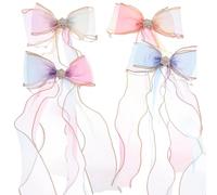 UKCOCO 4pcs Gradient Tulle Bowknot Hair Clips with Lace and Pearl Ribbon, Large Bow Hairpins for Princess Headdress, Set Including Purple, Blue, White, and Rose Red