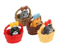 UKCOCO 4pcs Miniature Cartoon Cat Figurines in Basket, Small Kitten Micro Landscape Ornaments with Bamboo Base, Cute Kitten Decor for Desktop Garden and Home Accent
