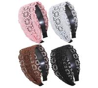 UKCOCO 4pcs Non-slip Wide Lace Headbands with Teeth, Decorative Hairbands for Women, Assorted Black, Coffee, Pink, and Light Grey Colors, Stretchy Female Hair Accessories for Daily
