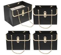 UKCOCO 4pcs Reusable Black Paper Gift Bags with Metal Chain Handle, Rectangular Flower Packaging Bags for Wedding Arrangements and DIY Present Wrapping