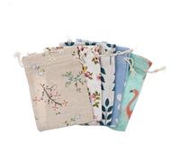 UKCOCO 50 Pcs Yellow Jute Bags 10x14 Cm Small Drawstring Linen Bags for Party Snacks Candy Wrapping Presents with Branch Flower, Blue Leaf, Orchid, Flamingo Designs