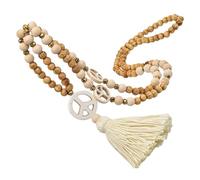 UKCOCO Boho Wooden Peace Sign Necklace for Women, Long Handmade Macrame Pendant with Tassel and Beaded Fringe, Creative Fall Winter Sweater Chain Jewelry